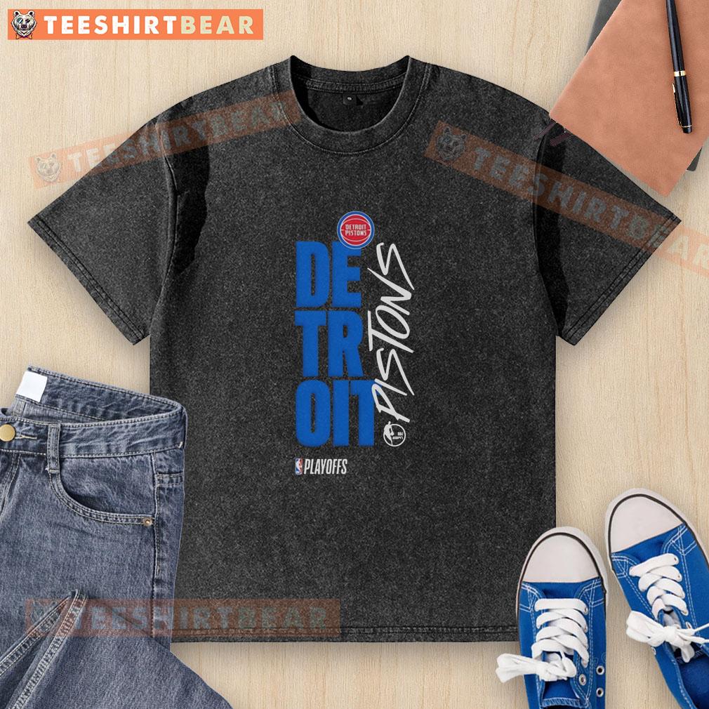 Alt Text: Awesome Detroit Pistons playoff basketball logo on a washed t-shirt, perfect for fans and game day attire.