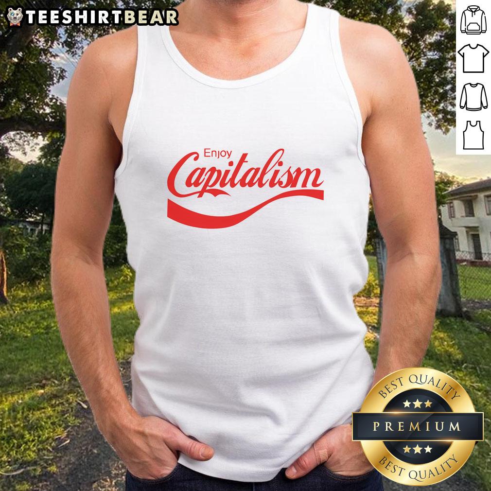 Funny parody tank top featuring 'Awesome Enjoy Capitalism' design, perfect for political humor enthusiasts.