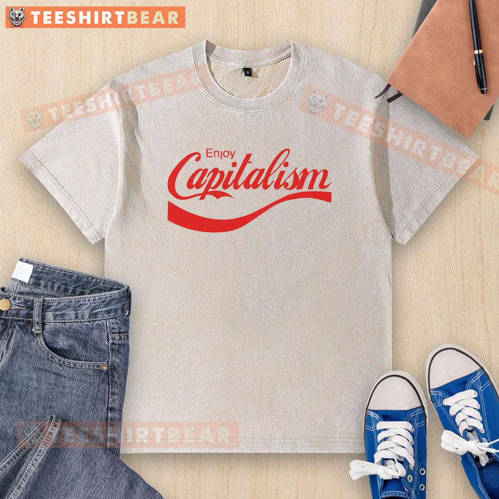 Funny parody washed t-shirt featuring 'Awesome Enjoy Capitalism' slogan, perfect for political humor enthusiasts.