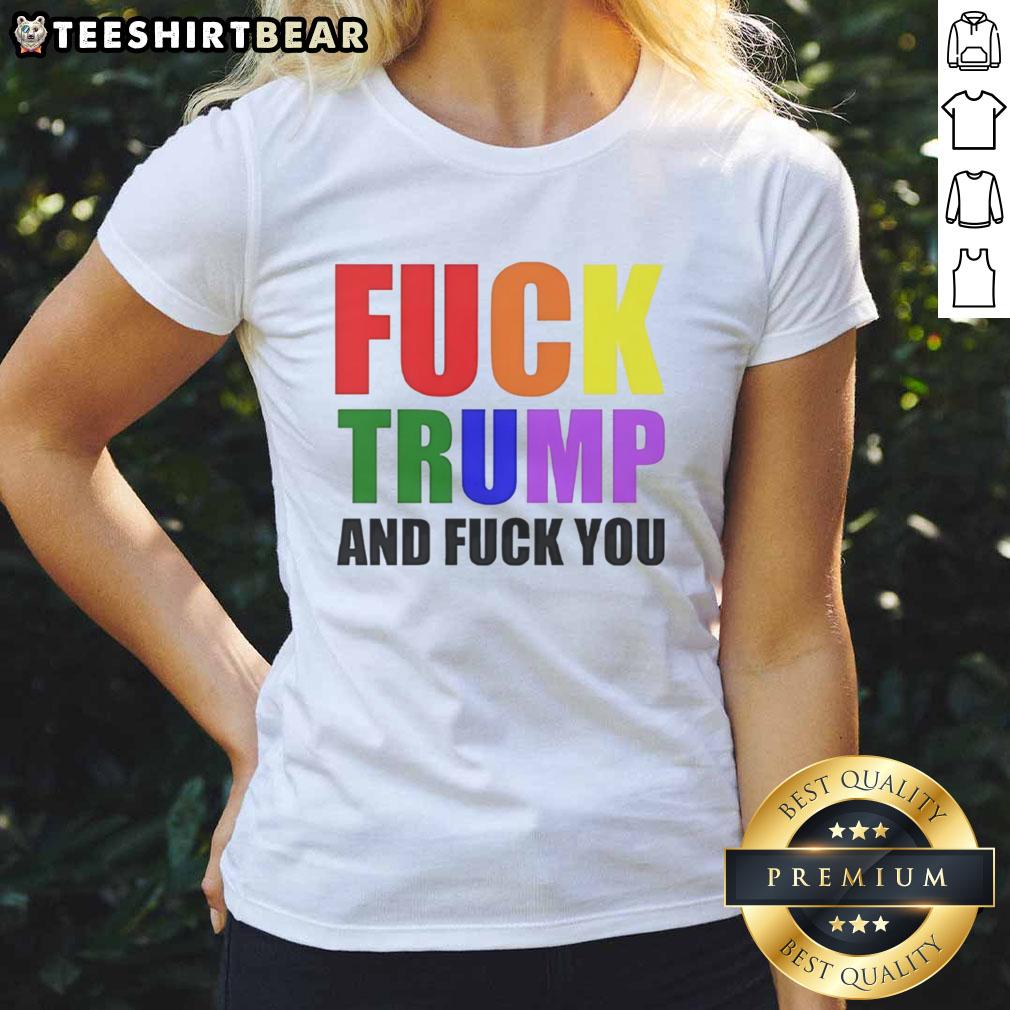 Colorful 'Awesome Fck Trump and Fck You' text on a ladies tee, perfect for expressing bold political views in style.