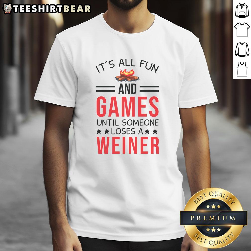 Awesome Gamer camping in a humorous 'It's All Fun and Games Until Someone Loses a Wiener' T-shirt.
