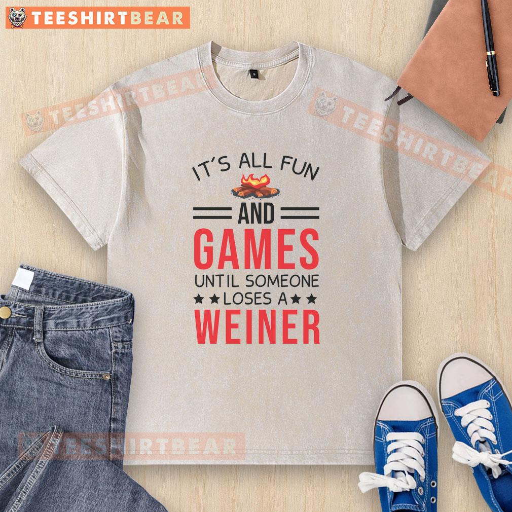 Awesome gamer camping t-shirt featuring a fun design: 'It's all fun and games until someone loses a weiner.'