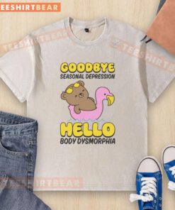 Washed t-shirt featuring 'Goodbye Seasonal Depression, Hello Body Dysmorphia' design, perfect for mental health awareness.
