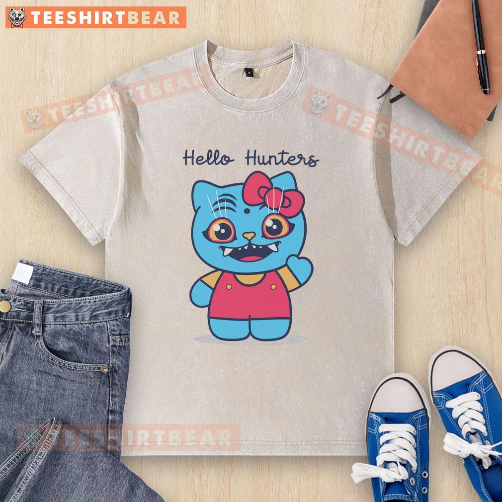 Alt Text: Awesome Hello Hunters Hello Kitty washed t-shirt featuring a cute graphic design, perfect for casual wear.