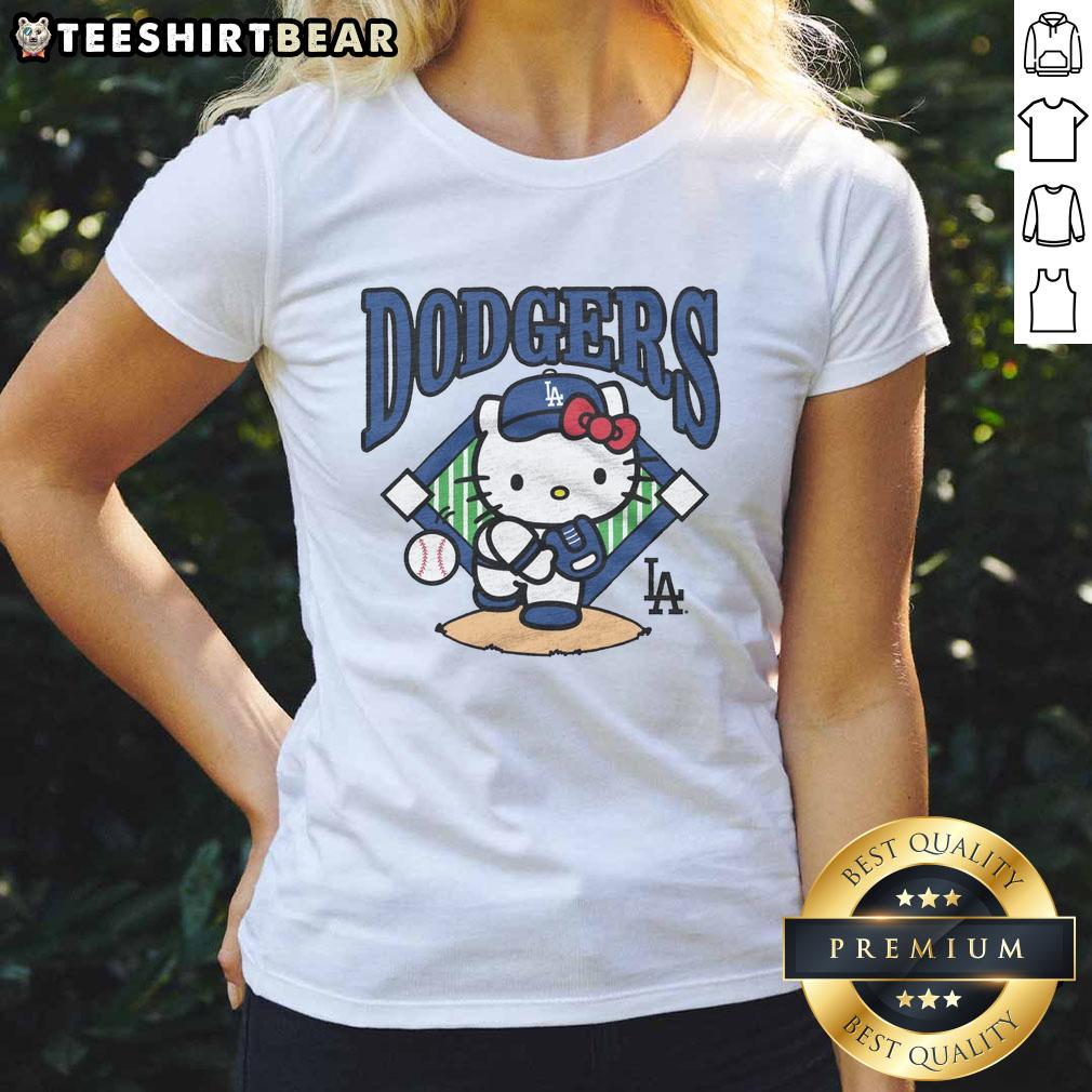 Hello Kitty x Los Angeles Dodgers first pitch ladies tee featuring a stylish design for fans and fashion lovers.