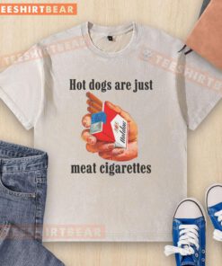 Alt Text: Awesome hot dogs are just meat cigarettes washed t-shirt design featuring bold graphics and vibrant colors.