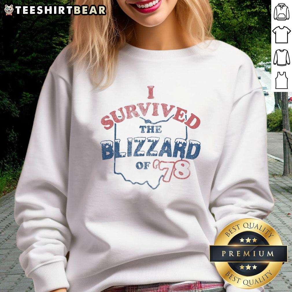 Alt Text: Awesome I Survived The Blizzard Of 78 Sweatshirt featuring winter-themed design and vibrant colors.