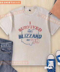 Alt Text: Awesome I Survived The Blizzard of '78 washed t-shirt featuring bold text on a casual style shirt.