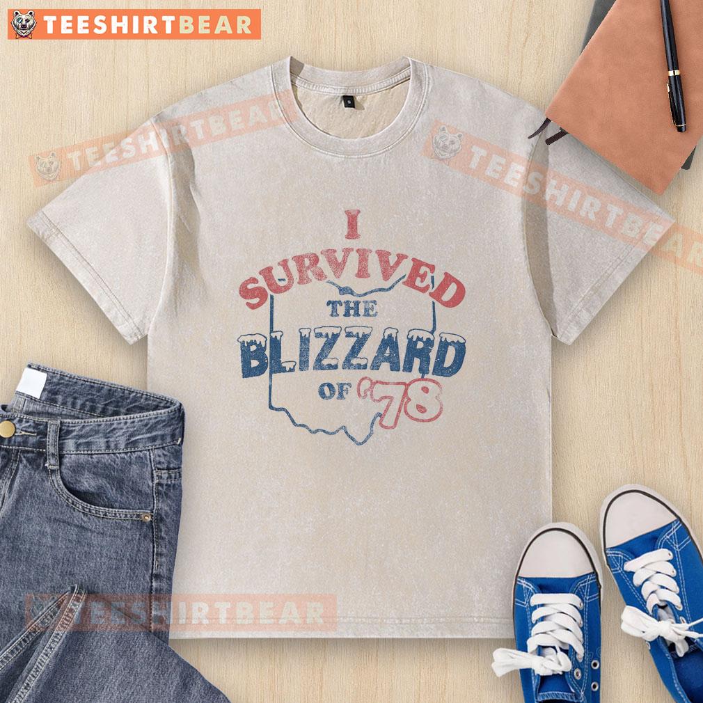 Alt Text: Awesome I Survived The Blizzard of '78 washed t-shirt featuring bold text on a casual style shirt.