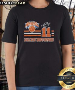 Alt Text: Awesome Knicks Jalen Brunson signature jersey ladies tee in vibrant blue with stylish design and team logo.