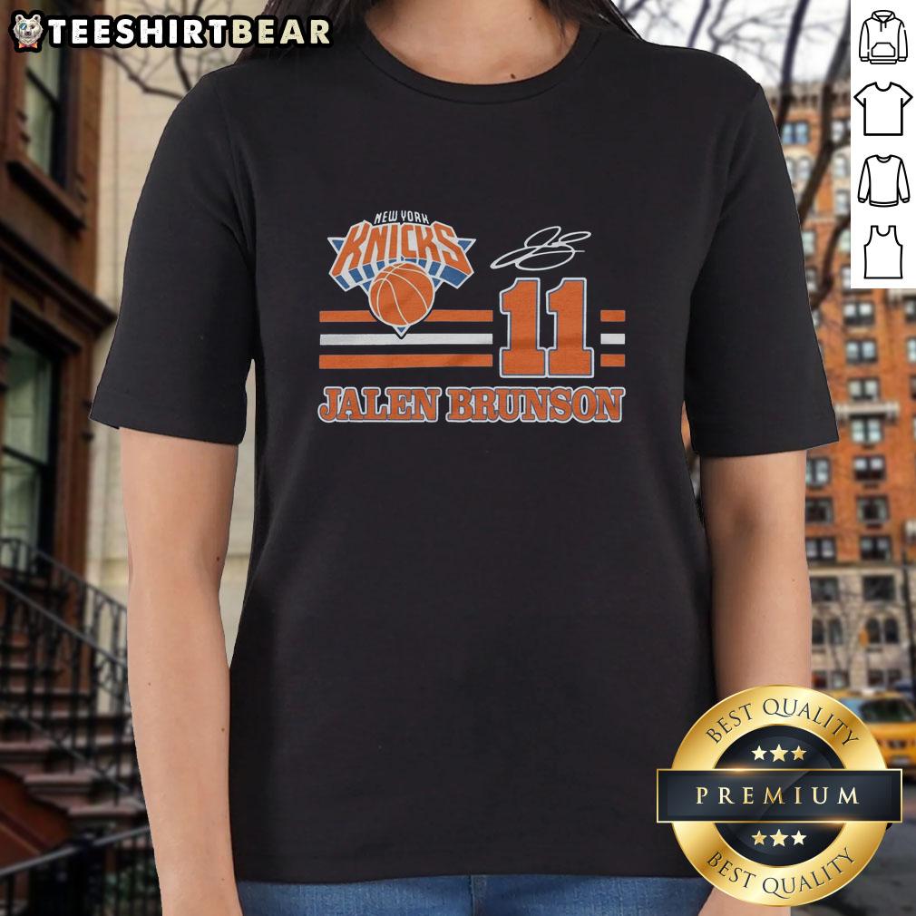 Alt Text: Awesome Knicks Jalen Brunson signature jersey ladies tee in vibrant blue with stylish design and team logo.