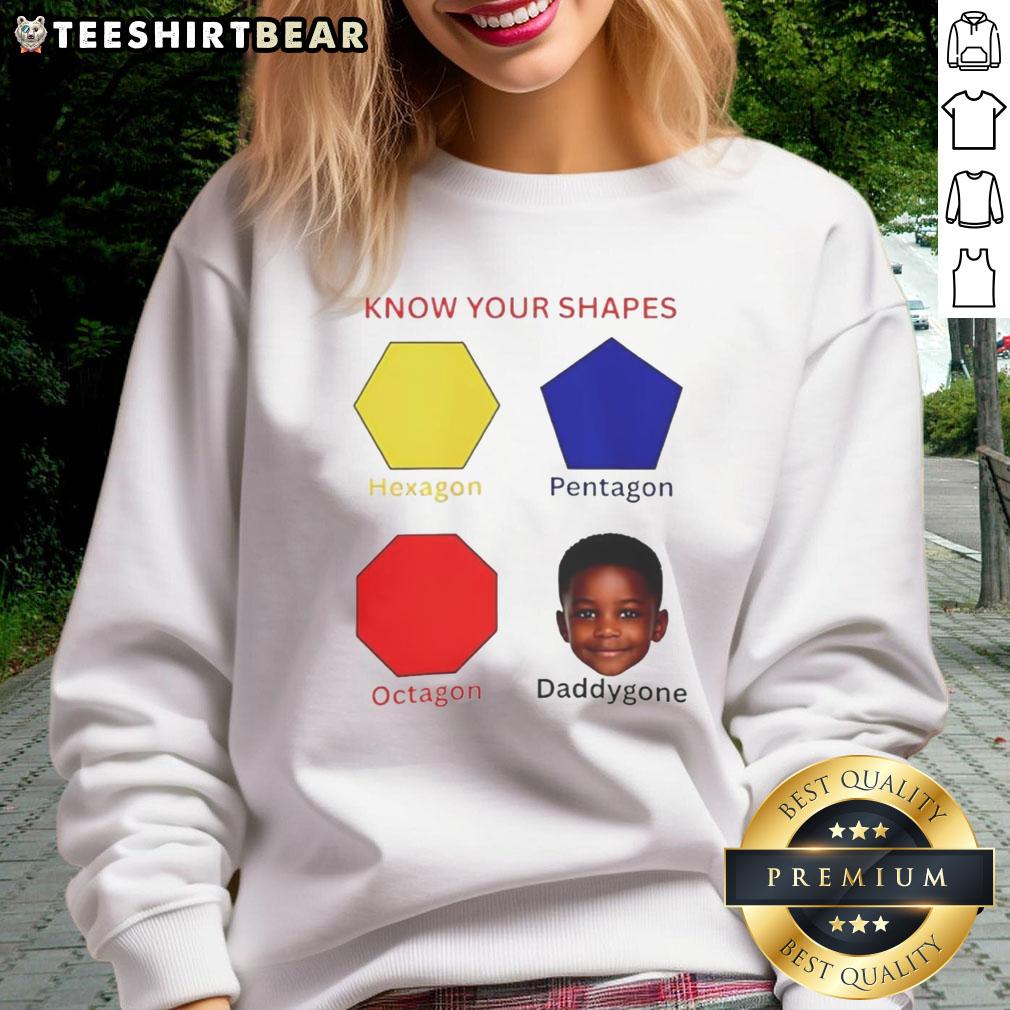 Alt Text: Awesome Know Your Shapes Sweatshirt featuring hexagon, pentagon, and octagon designs for graphic tee lovers.