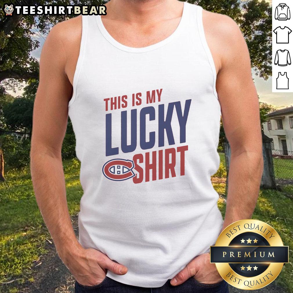 Stylish Montreal Canadiens tank top with 'This Is My Lucky Tank Top' text, perfect for game day or casual wear.