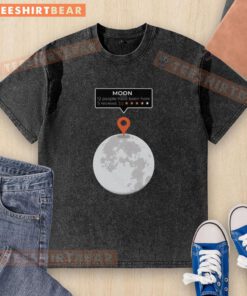 Funny washed t-shirt featuring a quirky moon location review design, perfect for casual wear and space enthusiasts.