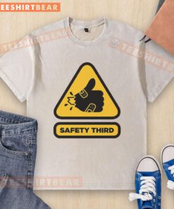 Awesome Safety Third Sign design on a washed t-shirt, perfect for safety enthusiasts and casual wear.