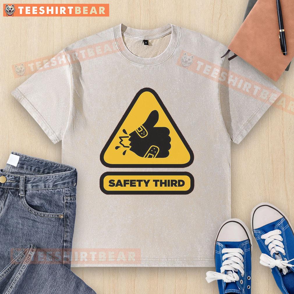 Awesome Safety Third Sign design on a washed t-shirt, perfect for safety enthusiasts and casual wear.