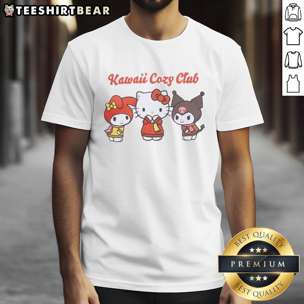 Alt Text: Cute Hello Kitty and Friends Big Kids Kawaii Cozy Club T-Shirt featuring vibrant colors and playful designs for kids.
