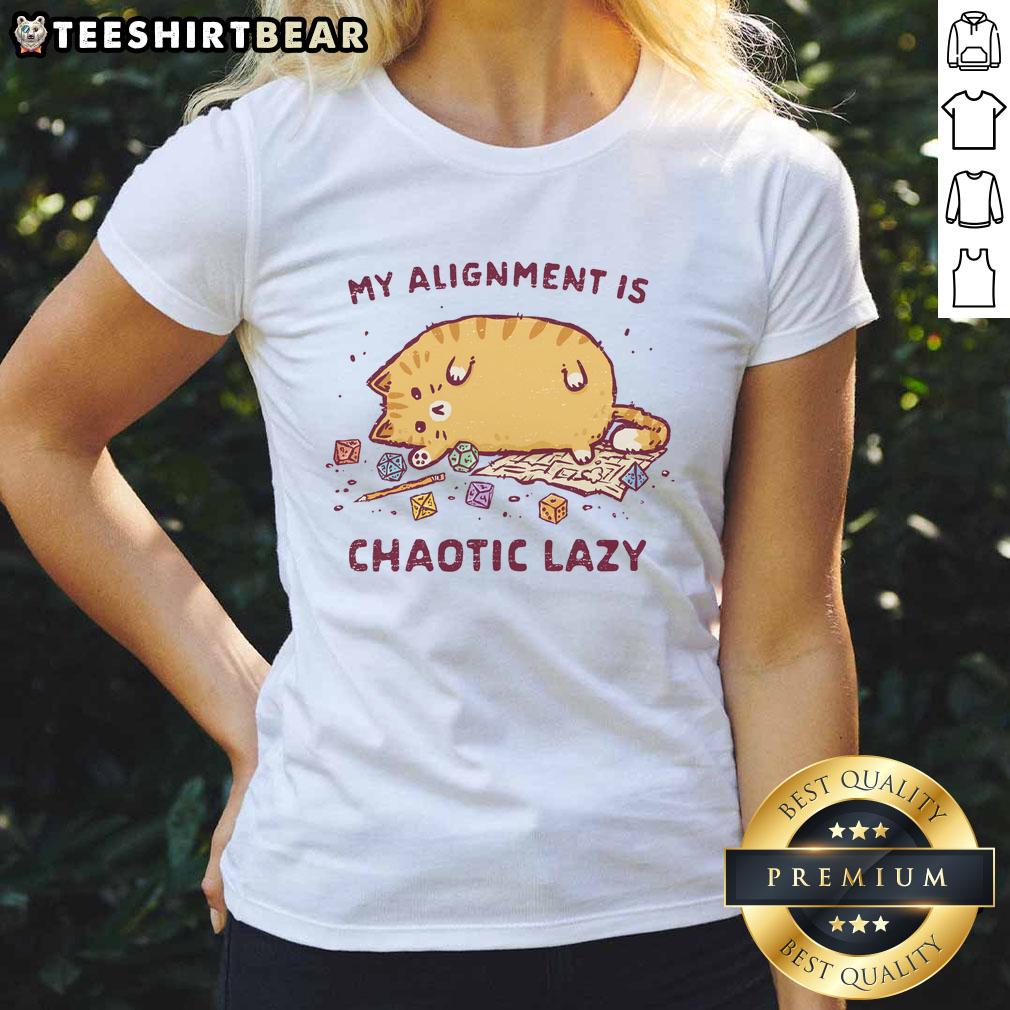 Cute 'My Alignment Is Chaotic Lazy' Cat Ladies Tee featuring a playful cat design, perfect for feline lovers.