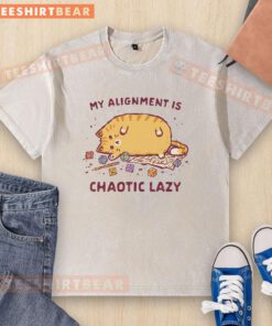 Alt Text: Cute chaotic lazy cat graphic on a washed T-shirt, perfect for casual wear and cat lovers.
