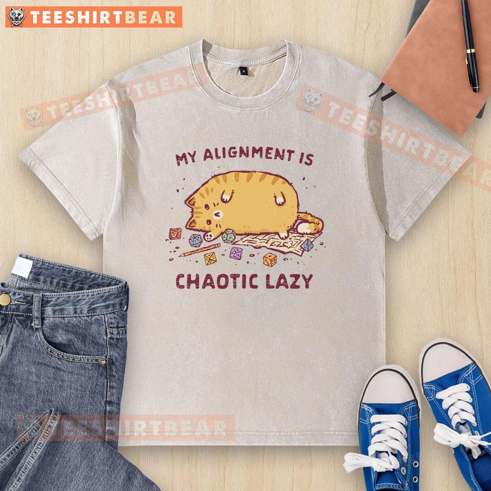 Alt Text: Cute chaotic lazy cat graphic on a washed T-shirt, perfect for casual wear and cat lovers.