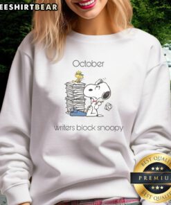 Cozy Cute October Writers Block sweatshirt featuring Snoopy and Woodstock, perfect for fall writing sessions.