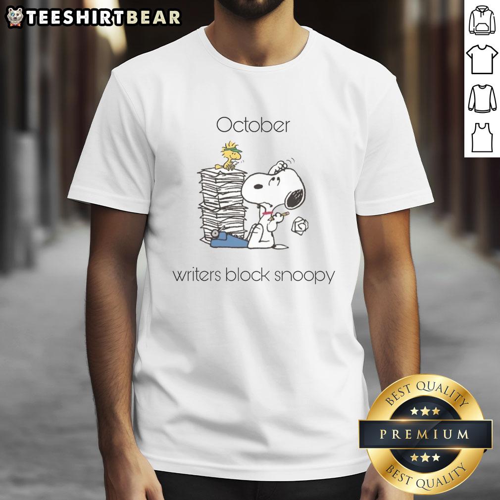 Cute October Writers Block Snoopy and Woodstock T-Shirt featuring playful cartoon design for cozy fall vibes.