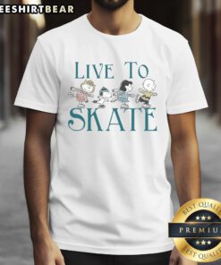 Cute Peanuts Live To Skate T-Shirt featuring colorful cartoon characters skating on a vibrant background.