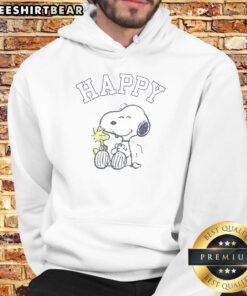 Cute Peanuts Snoopy and Woodstock happy hoodie featuring cheerful cartoon characters in vibrant colors.