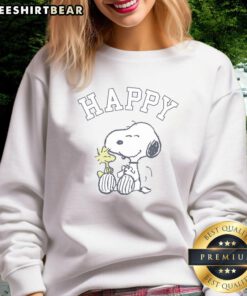 Alt Text: Cute Peanuts Snoopy and Woodstock happy sweatshirt featuring vibrant graphics of the beloved characters.