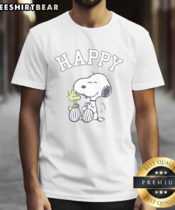 Alt Text: Cute Peanuts Snoopy and Woodstock happy t-shirt featuring vibrant colors and playful design for fans of the classic comic.