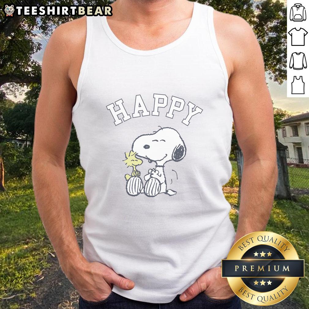 Alt Text: Cute Peanuts Snoopy and Woodstock happy tank top featuring vibrant colors and playful design for fans of the classic comic.