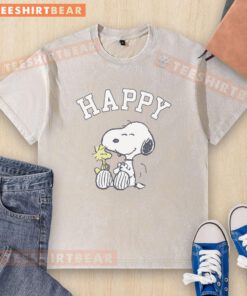 Alt Text: Cute Peanuts Snoopy and Woodstock happy design on a washed t-shirt, perfect for casual and fun outfits.