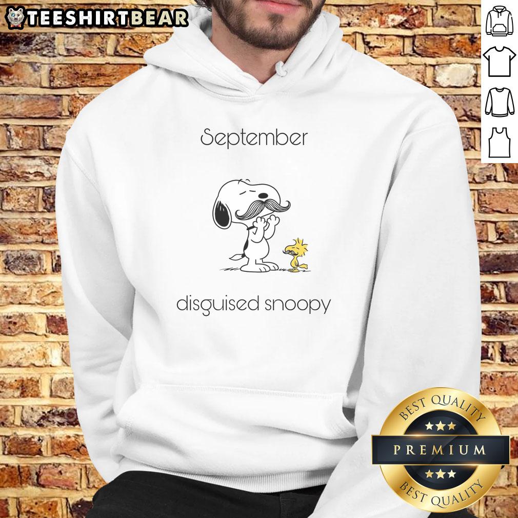 Cute September Snoopy and Woodstock hoodie featuring a playful disguise design for cozy autumn vibes.