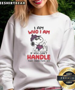 Alt Text: Cute Snoopy I Am Who I Am sweatshirt featuring Snoopy with a playful middle finger gesture, perfect for casual wear.