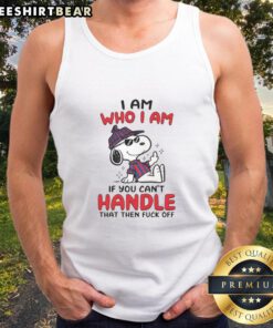 Alt Text: Cute Snoopy I Am Who I Am Middle Finger Tank Top featuring vibrant graphic design and playful character illustration.