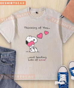 Adorable washed t-shirt with 'Thinking of You and Sending Lots of Love' print, perfect for expressing affection.