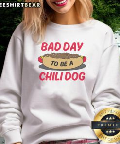 Funny Bad Day to Be a Chili Dog Sweatshirt featuring a playful graphic of a distressed chili dog in vibrant colors.