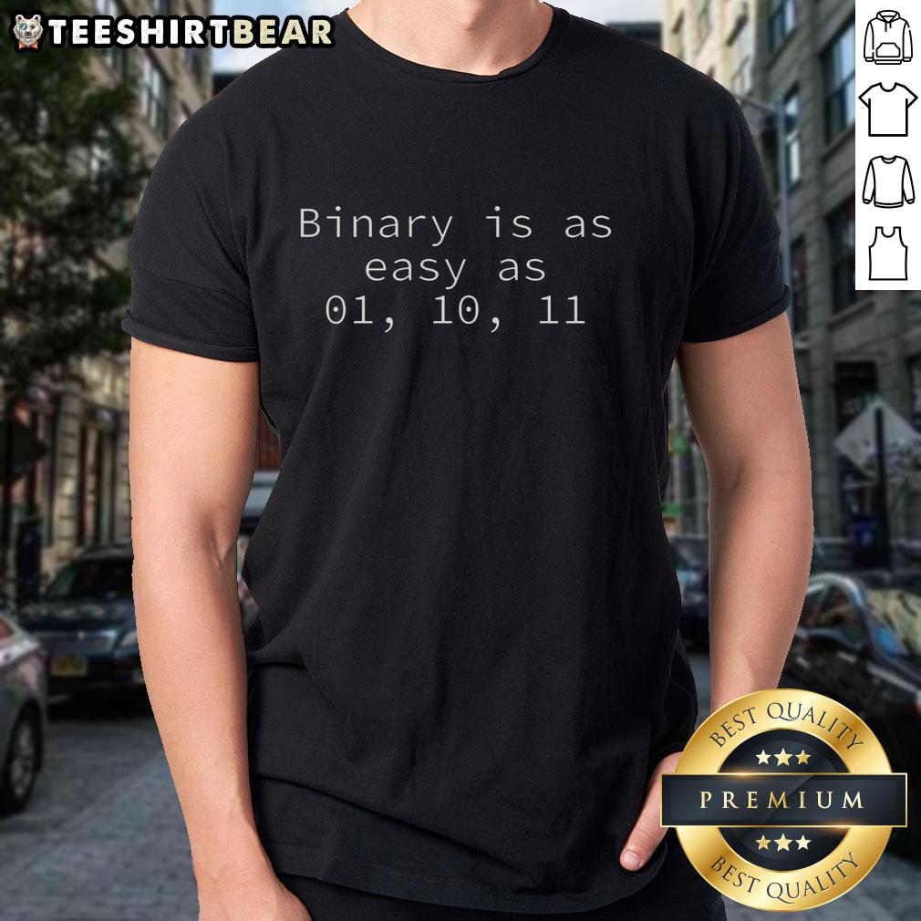 Funny Binary Is As Easy As 01 10 11 T-Shirt design featuring playful binary code graphics for tech enthusiasts.