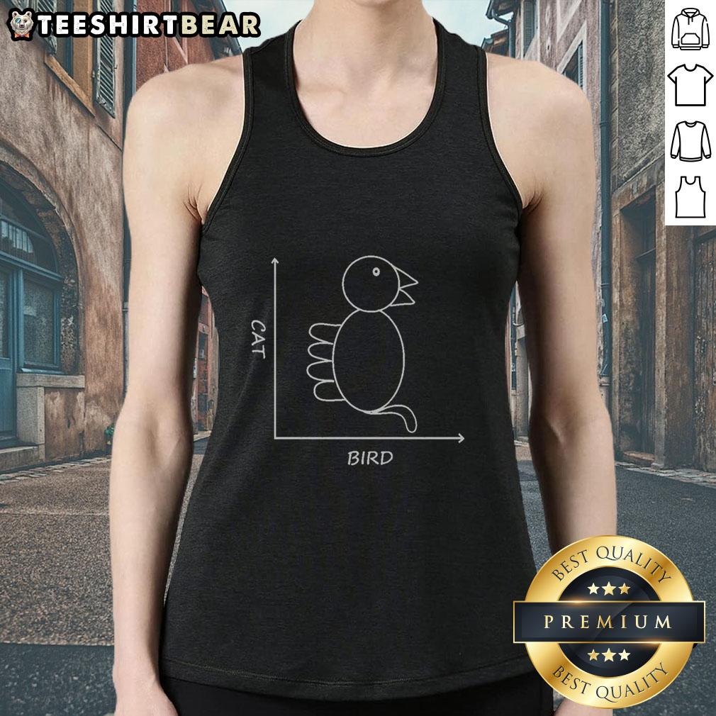 Funny cat graphic tank top featuring a whimsical bird design, perfect for cat lovers and casual summer wear.