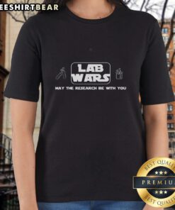 Funny Chemistry Lab Wars tee for women, featuring 'May the Research Be With You' design, perfect for science lovers.