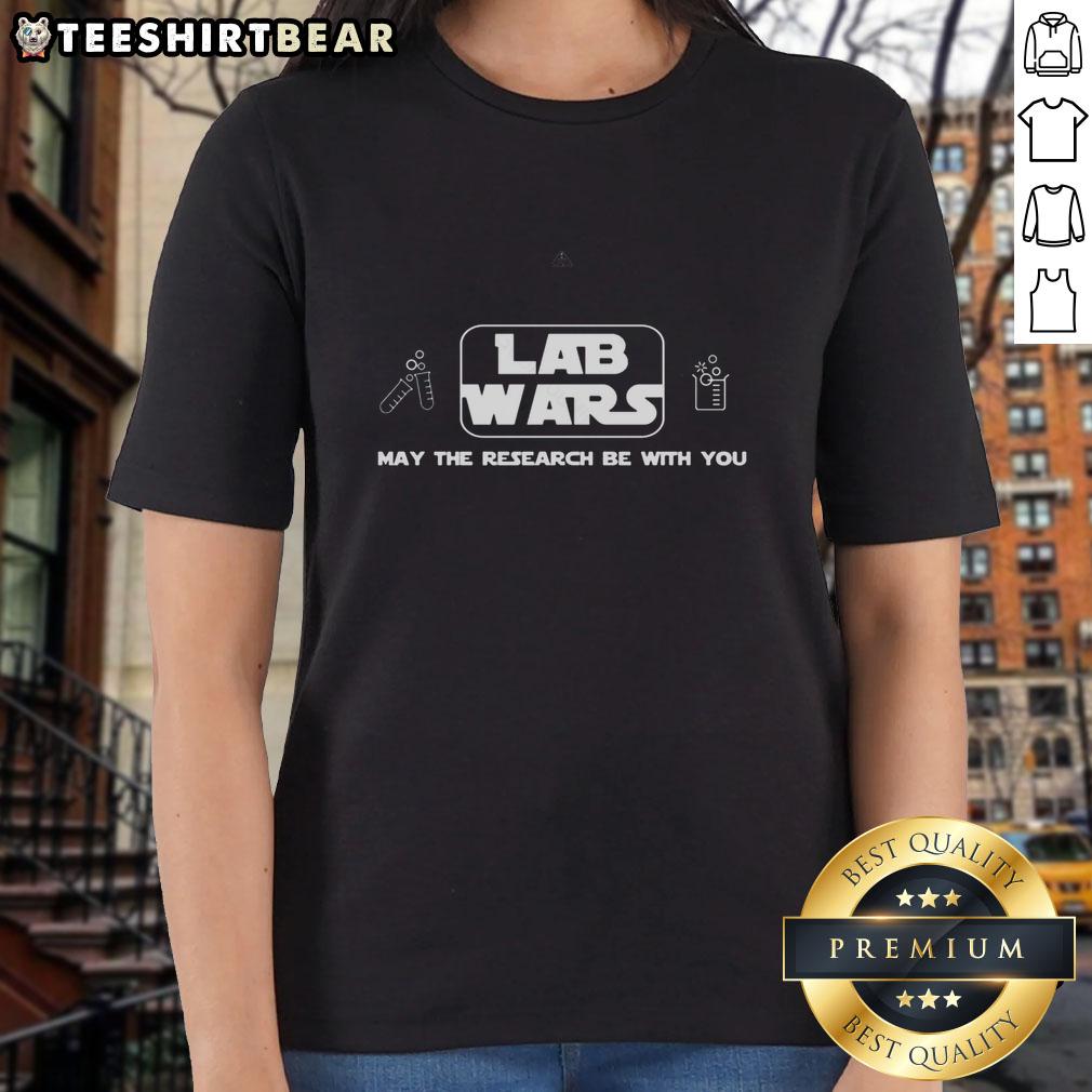 Funny Chemistry Lab Wars tee for women, featuring 'May the Research Be With You' design, perfect for science lovers.