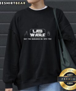Alt Text: Funny Chemistry Lab Wars sweatshirt featuring May the Research Be With You design, perfect for science enthusiasts.