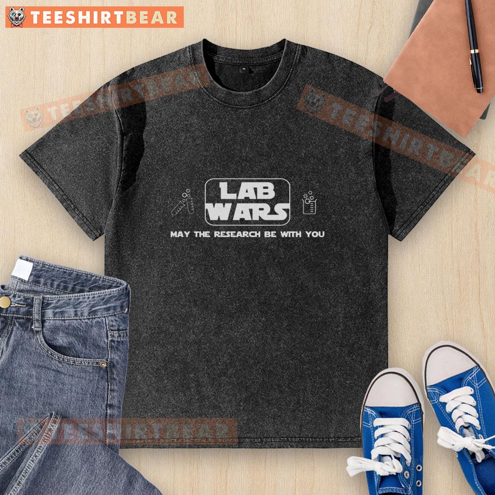 Funny Chemistry Lab Wars t-shirt featuring 'May the Research Be With You' design in a vibrant color scheme.