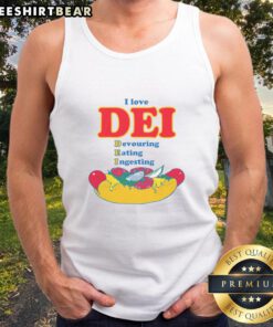 Person wearing a Funny I Love Dei tank top, playfully devouring food, showcasing humor and style in casual wear.