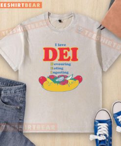 Funny I Love Dei graphic on a t-shirt, depicting a playful design of a character devouring food.