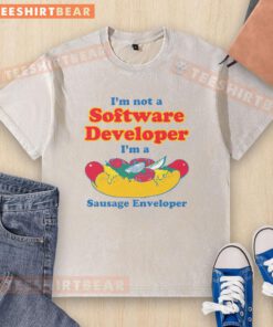 Funny 'I'm Not A Software Developer, I'm A Sausage Enveloper' washed t-shirt showcasing humor for tech enthusiasts.