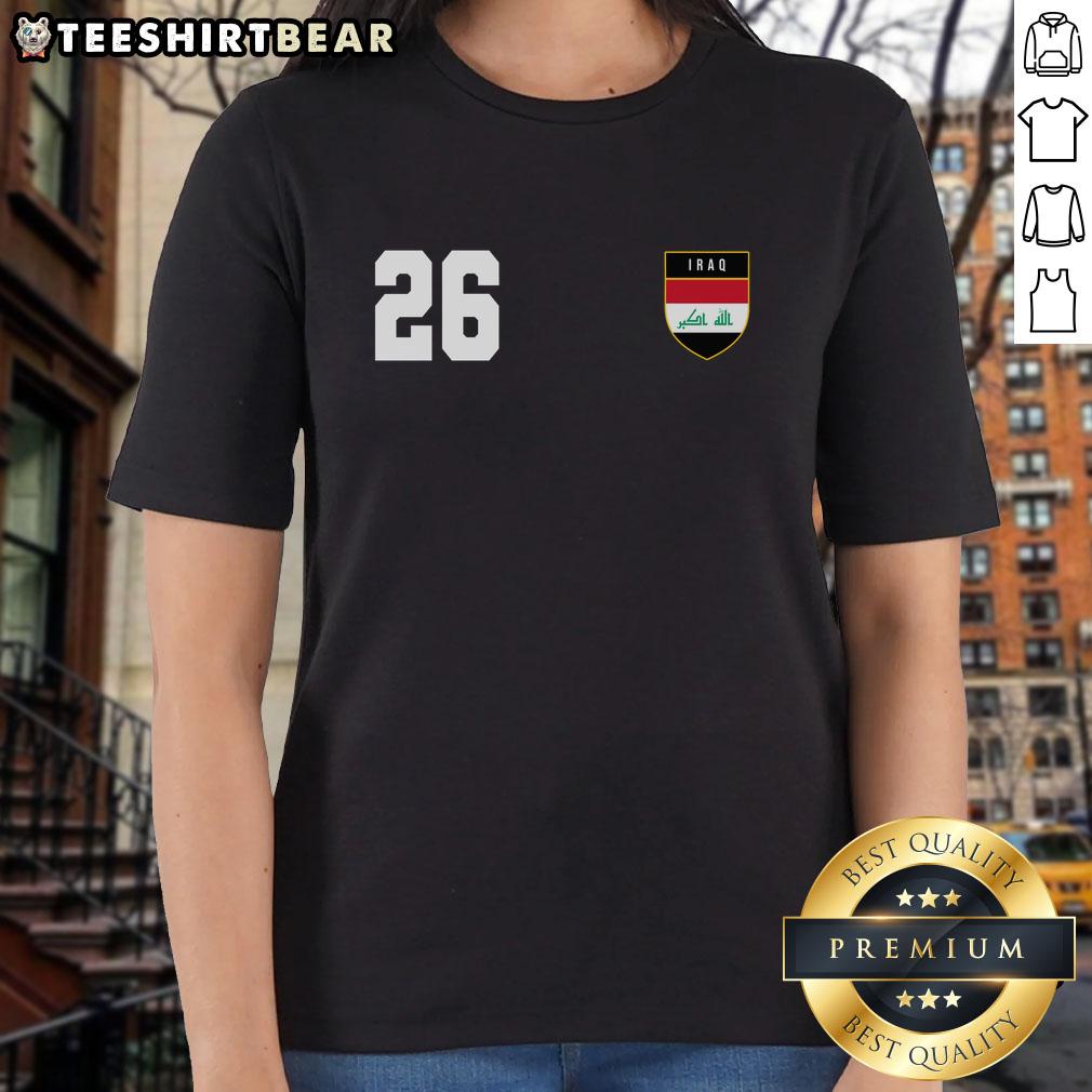 Funny Iraq Nation Football Soccer 26 Jersey Ladies Tee featuring a playful design for soccer fans.