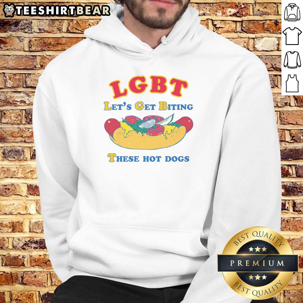 Funny LGBT hoodie with 'Let's Get Biting These Hot Dogs' slogan, perfect for pride events and casual wear.