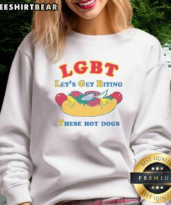 Funny LGBT Let's Get Biting These Hot Dogs sweatshirt featuring colorful graphics and a playful design for pride events.