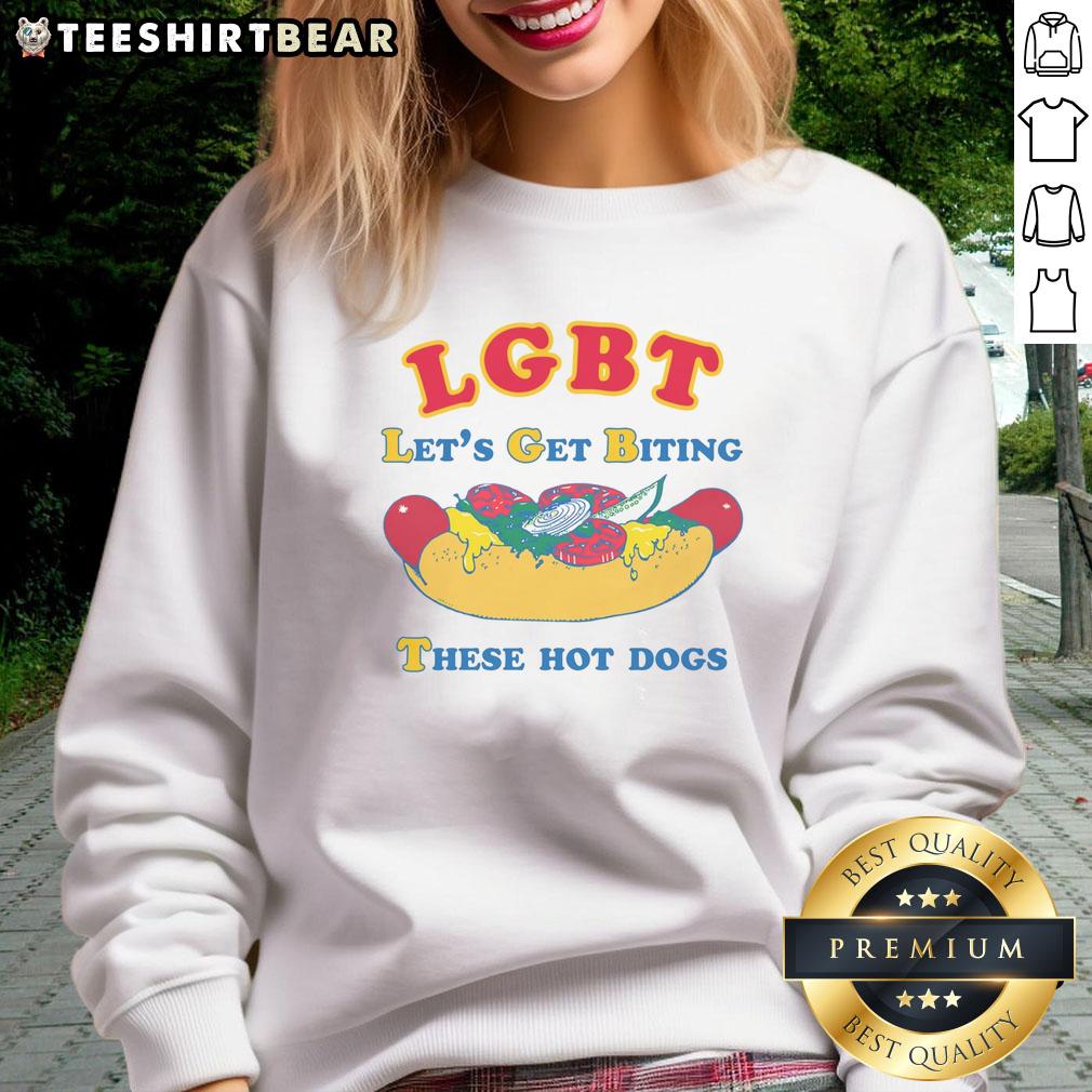 Funny LGBT Let's Get Biting These Hot Dogs sweatshirt featuring colorful graphics and a playful design for pride events.